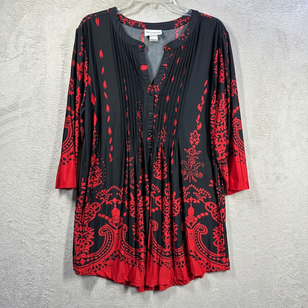 Serengeti Tunic Top Women XL Black Red Paisley Damask Pleated Bib 3/4 Sleeve